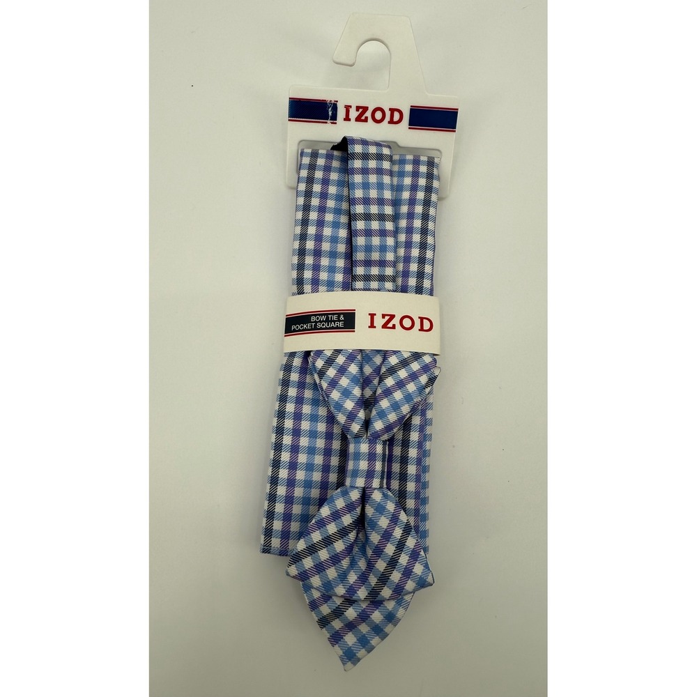 IZOD Bow Tie‎ and Pocket Square Set Mens One Size Blue Purple Plaid NEW